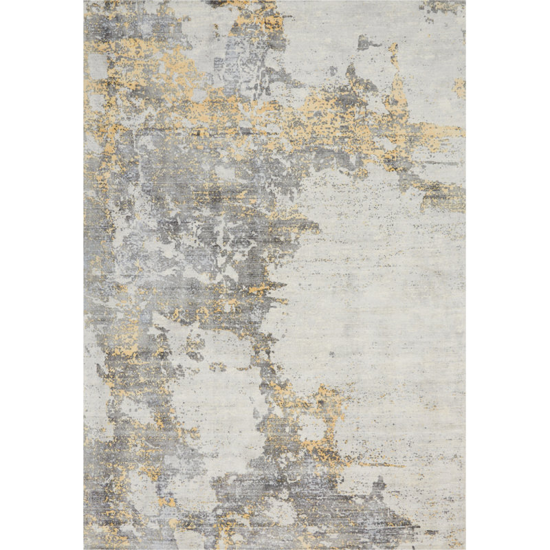Williston Dacula Modern Abstract Silk Ivory/Gold Area Rug